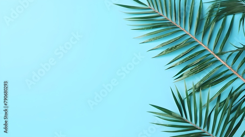 Tropical palm tree leaves with blue pastel background. Minimal summer concept. Creative top view flat lay with copy space.