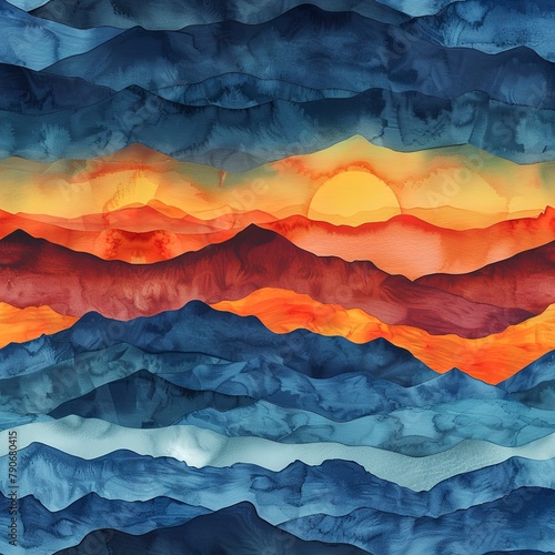Watercolor seamless pattern depicting a series of sunrises over a mountain range, with emphasis on atmospheric perspective. Seamless Pattern, Fabric Pattern, Tumbler Wrap, Mug Wrap.