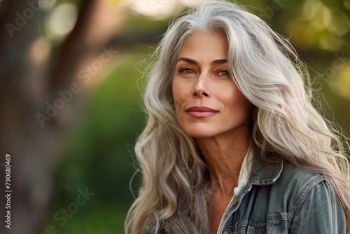 Beautiful gray-haired mature woman with healthy long hair outdoor in nature © Ирина Курмаева