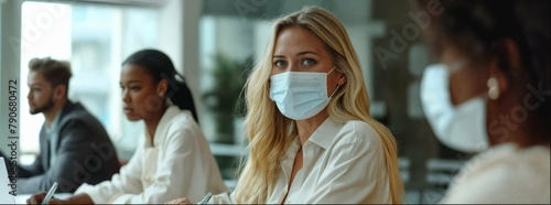 A blonde woman wearing a medical mask, sitting in a meeting room with black men and women all wearing masks talking to each other, in a white office environment photo