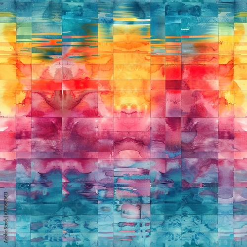 Seamless watercolor tile pattern, illustrating a series of sunrises over a serene lake, reflecting the vibrant colors. Seamless Pattern, Fabric Pattern, Tumbler Wrap, Mug Wrap.