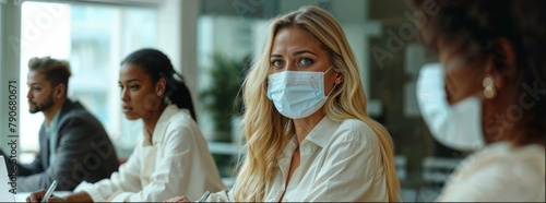 A group of women wearing face masks and white coats were having an office meeting in the hospital, focusing on one woman who was speaking to her colleagues with determination. 