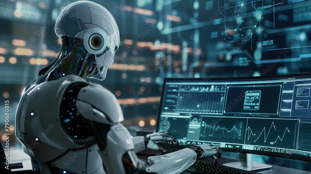 An AI robot sitting at desk and looking at computer screens. Technology concept. An AI robot sitting at desk and looking at computer screens. Technology concept.