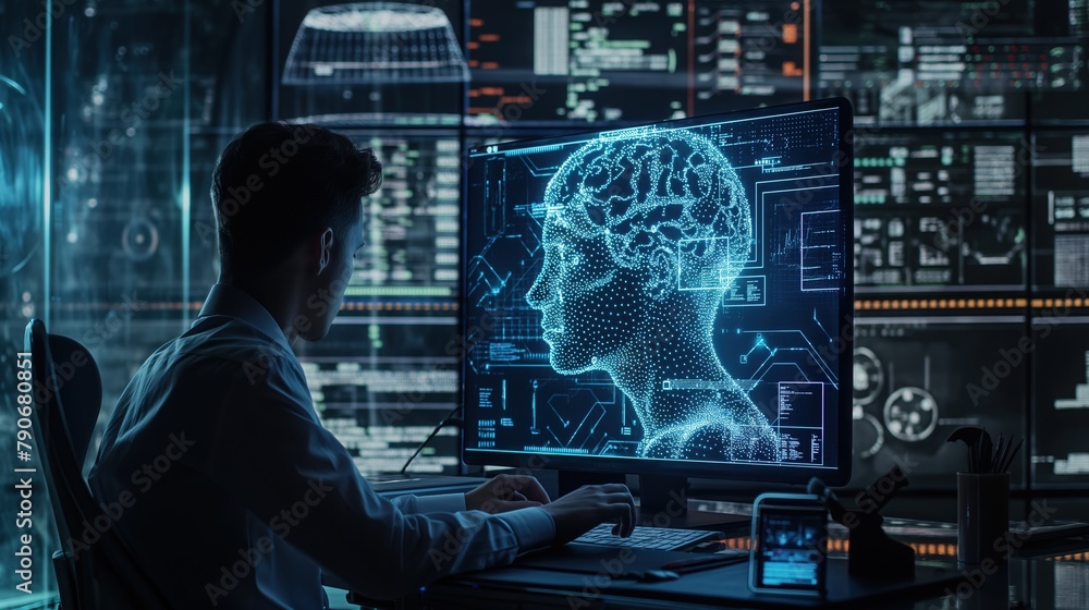 Side view of man sitting at desk and looking at computer screen with a brain. Technology concept.