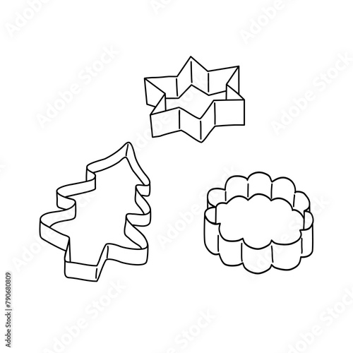 Side view of cookie cutters in different shapes, star, round, Christmas tree, vector outline