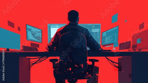 Red and blue illustration of a man working on a computer with multiple screens. Technology concept.