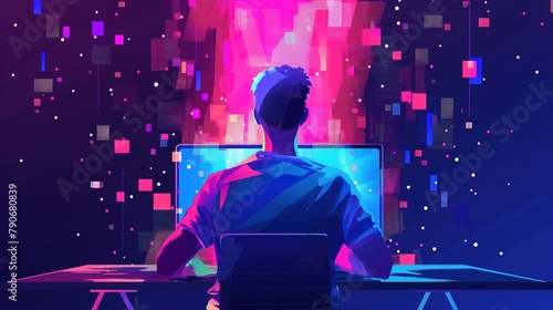 Illustration of a man working from home on a computer, concept IA.