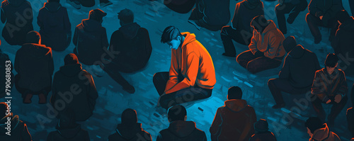illustration capturing the weight of social isolation with a person sitting alone amidst a crowd.