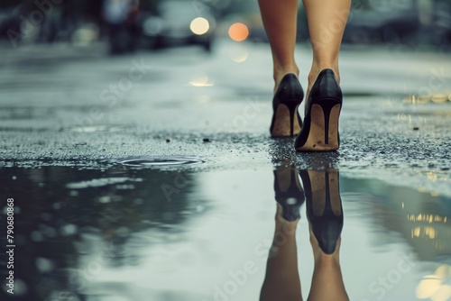 Close-up portrait of female legs walking in heel  shoes photo