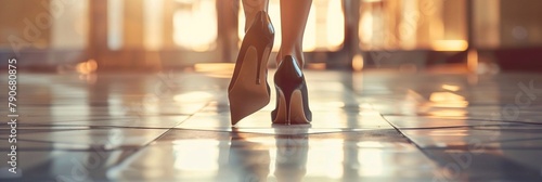 Close up portrait of female legs walking in high heels, banner, place for text