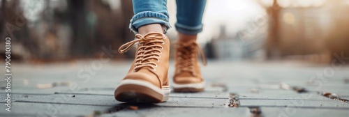Close-up portrait of female legs walking in sneakers, banner, place for text photo