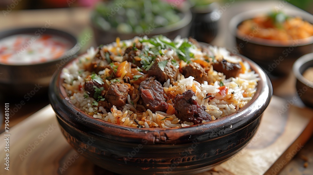 A steaming bowl of fragrant Biryani rice, adorned with vibrant spices and tender meat, beckons with its rich aroma-1 A steaming bowl of fragrant Biryani rice, adorned with vibrant spices and tender meat, beckons with its rich aroma-1