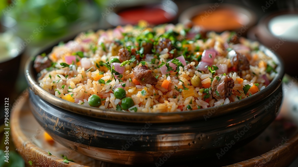 A steaming bowl of fragrant Biryani rice, adorned with vibrant spices and tender meat, beckons with its rich aroma A steaming bowl of fragrant Biryani rice, adorned with vibrant spices and tender meat, beckons with its rich aroma