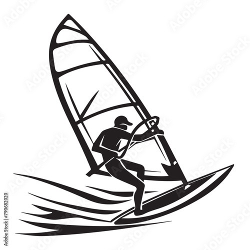 Wind surfing in cartoon, doodle style . Image for t-shirt, web, mobile apps and ui. Isolated 2d vector illustration in logo, icon, sketch style, Eps 10, black and white. AI Generative