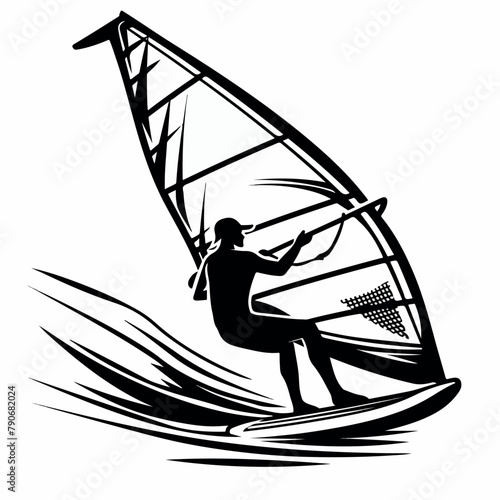 Wind surfing in cartoon, doodle style . Image for t-shirt, web, mobile apps and ui. Isolated 2d vector illustration in logo, icon, sketch style, Eps 10, black and white. AI Generative