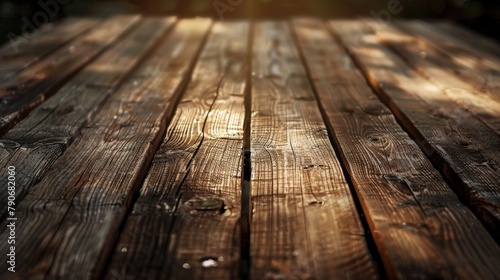 Wooden table with sunlight shining through photo