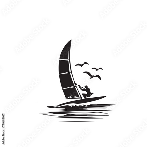 Wind surfing in cartoon, doodle style . Image for t-shirt, web, mobile apps and ui. Isolated 2d vector illustration in logo, icon, sketch style, Eps 10, black and white. AI Generative