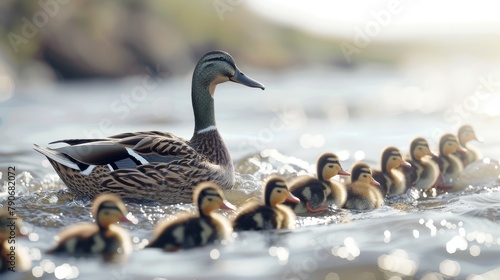 A mother duck is leading a group of ducklings in a body of water