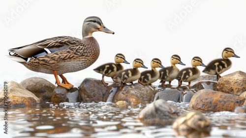 A mother duck and her ducklings are standing on a rock in a pond