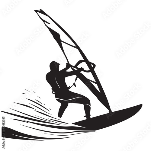 Wind surfing in cartoon, doodle style . Image for t-shirt, web, mobile apps and ui. Isolated 2d vector illustration in logo, icon, sketch style, Eps 10, black and white. AI Generative