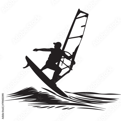 Wind surfing in cartoon, doodle style . Image for t-shirt, web, mobile apps and ui. Isolated 2d vector illustration in logo, icon, sketch style, Eps 10, black and white. AI Generative photo
