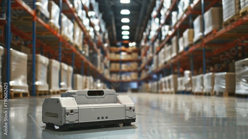 A robot performing inventory checks in a large warehouse