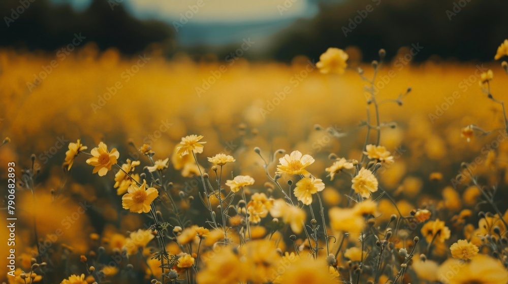 Yellow flowers in a sunny field with a blue sky Yellow flowers in a sunny field with a blue sky