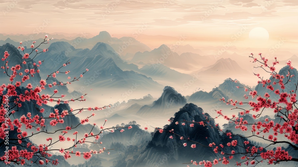 With cherry blossoms and branches in the foreground and mountains and the sun in the background, this abstract art background modern will give you a true oriental feel.