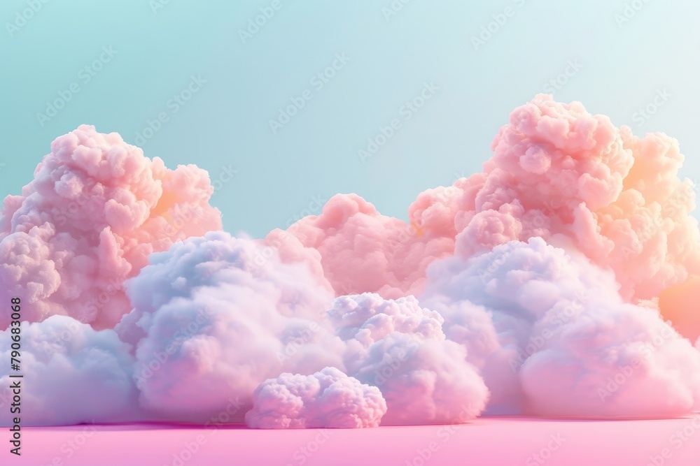 The sky is filled with fluffy colorful clouds