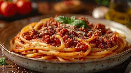 Against a backdrop of culinary excellence, a tantalizing sight emerges: pasta dressed in a luscious Bolognese sauce, crowned with Parmesan cheese and basil leaves-3