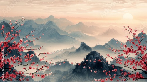With cherry blossoms and branches in the foreground and mountains and the sun in the background, this abstract art background modern will give you a true oriental feel. photo