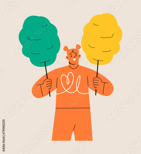 Woman holding cotton candy on sticks. Colorful vector illustration