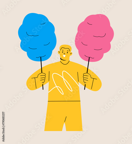 Man holding cotton candy on sticks. Colorful vector illustration