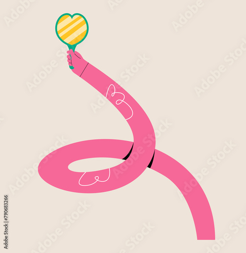 Funny long hand holding a hand mirror. Colorful vector illustration