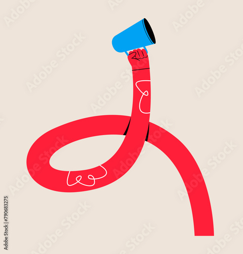 Funny long hand holding a megaphone. Colorful vector illustration