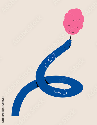Funny long hand holding acotton candy. Colorful vector illustration