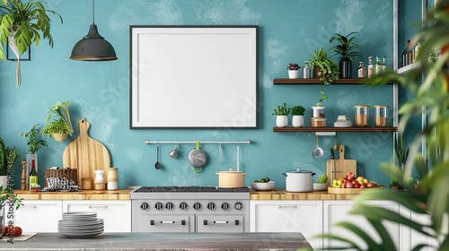 Frame mockup adorning kitchen wall, eclectic decor, vibrant ambiance, 3D rendered. photo