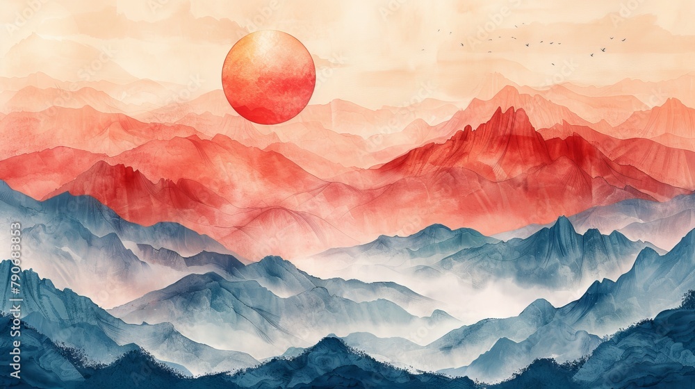 Luxury mountain line art background modern. Oriental watercolor landscape design with mountains, hills, sunset, birds, gold texture. Elegant panorama view wallpaper for walls, banners, and