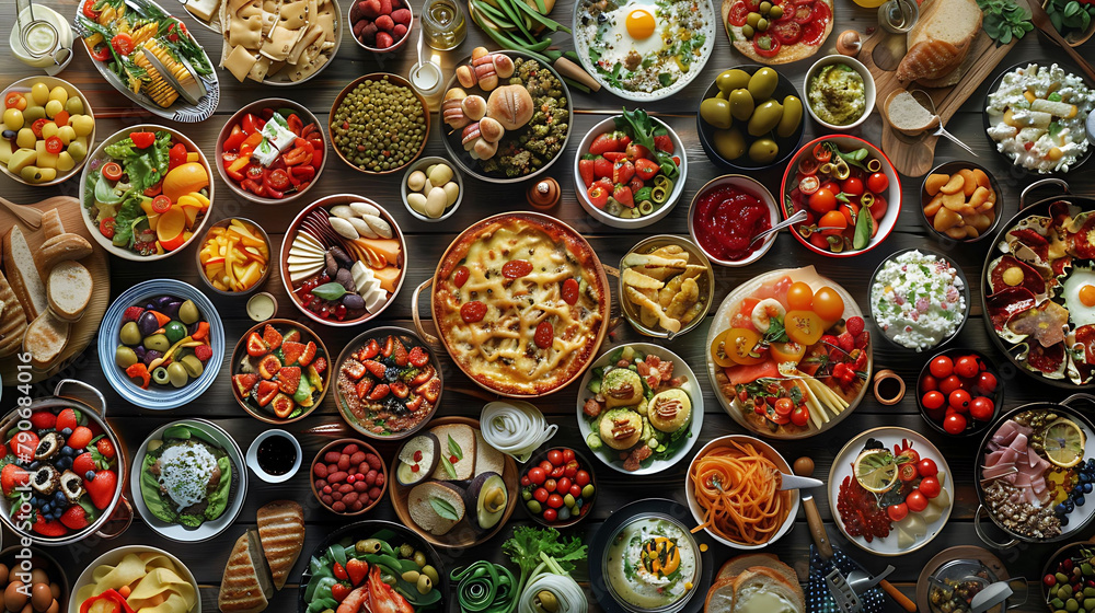 Collage of many popular over the world breakfasts, lunches and snacks, Collage of different assortment of food, hyperrealistic food photography