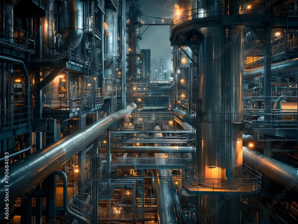 Complex network of pipes, tanks, and structures at an industrial facility illuminated at twilight.