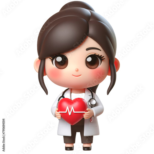 Friendly 3d cartoon character of a female cardiologist isolated on transparent background.