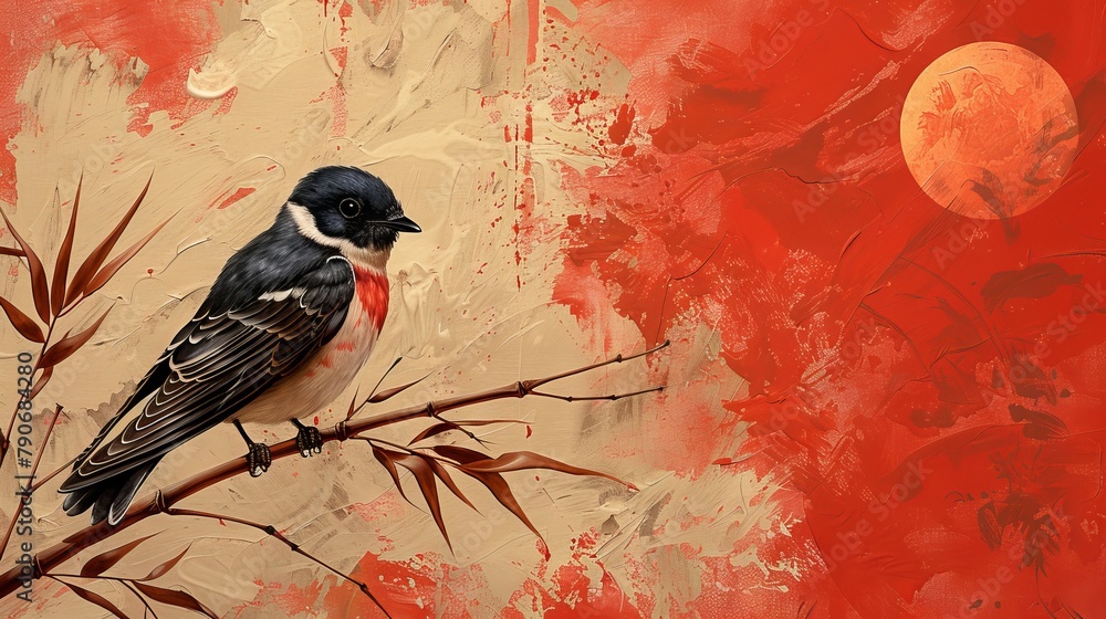 An elegant swallow bird and bamboo leaf branch golden line art on a red background. Design illustration suitable for decoration, wallpaper, posters, banners, cards, and so on. - obrazy, fototapety, plakaty 