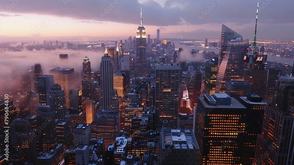 Top view of New York skyline in cloudy day at sunset. Skyscrapers of NYC in the fog. Stunning and magnificent view of famous city