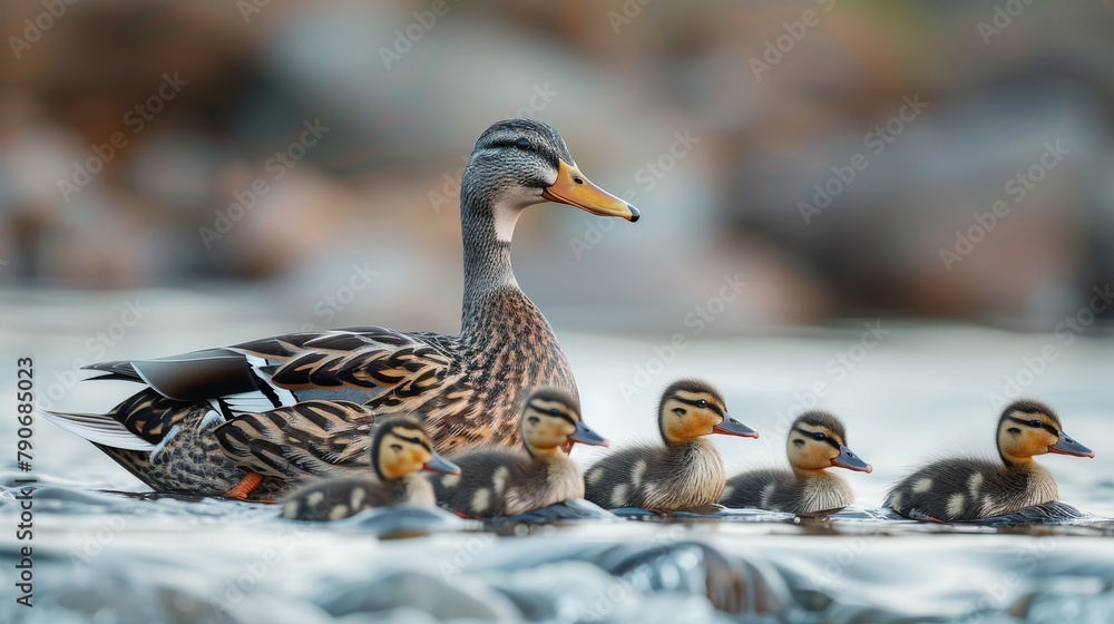 A mother duck is leading her ducklings through the water A mother duck is leading her ducklings through the water