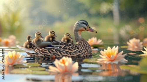 A mother duck is carrying her ducklings on her back