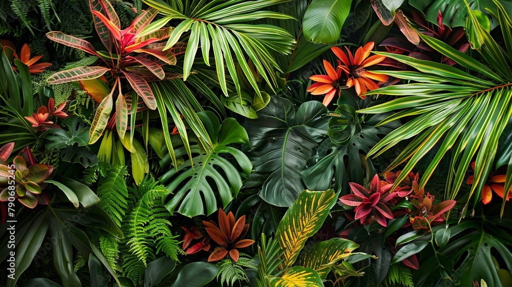 Lush tropical foliage of vibrant greenery and exotic plants in a dense arrangement.