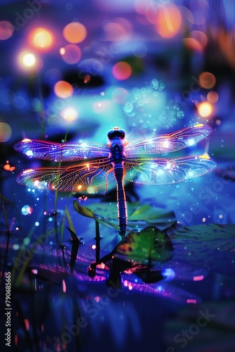 Digital neon dragonfly hovering over a twilight pond bioluminescent glow