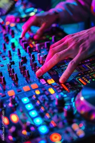 DJ mixing tracks vibrant neon controls