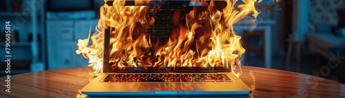 Laptop on fire metaphor for overheat or cyber attack