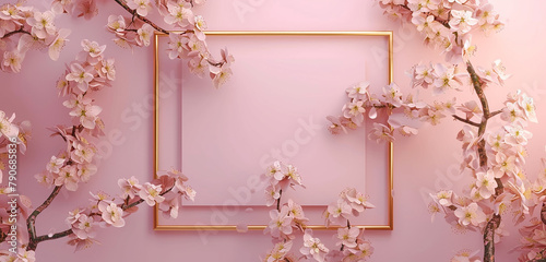 Golden frame mockup close-up against delicate pastel pink backdrop. Chic decor. 3D render.